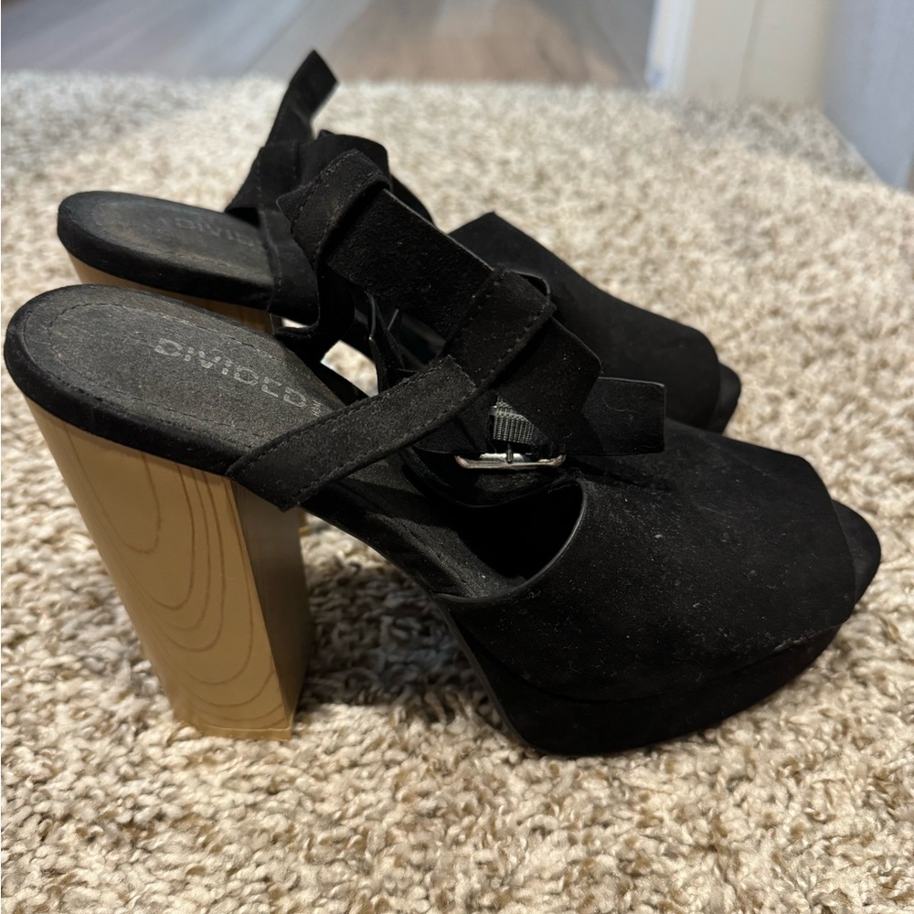 Divided - faux suede black platform open toe heels- women size 8